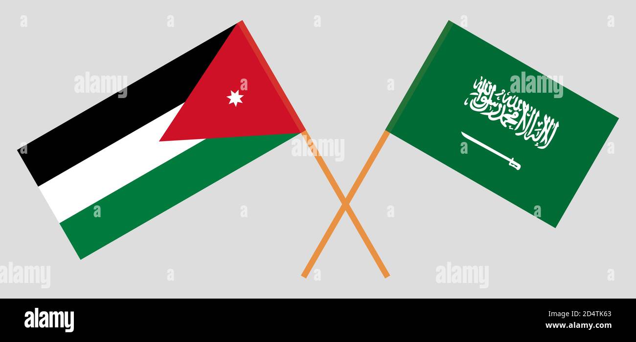 Gekreuzte Flaggen von Jordanien und Königreich Saudi-Arabien. Offizielle Farben. Korrektes Verhältnis. Vektorgrafik Stock Vektor
