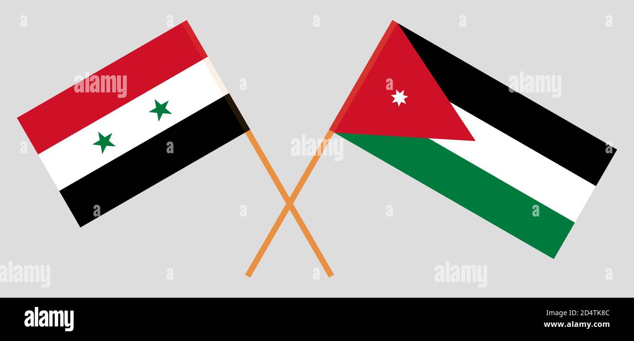 Gekreuzte Flaggen von Jordanien und Syrien. Offizielle Farben. Korrektes Verhältnis. Vektorgrafik Stock Vektor