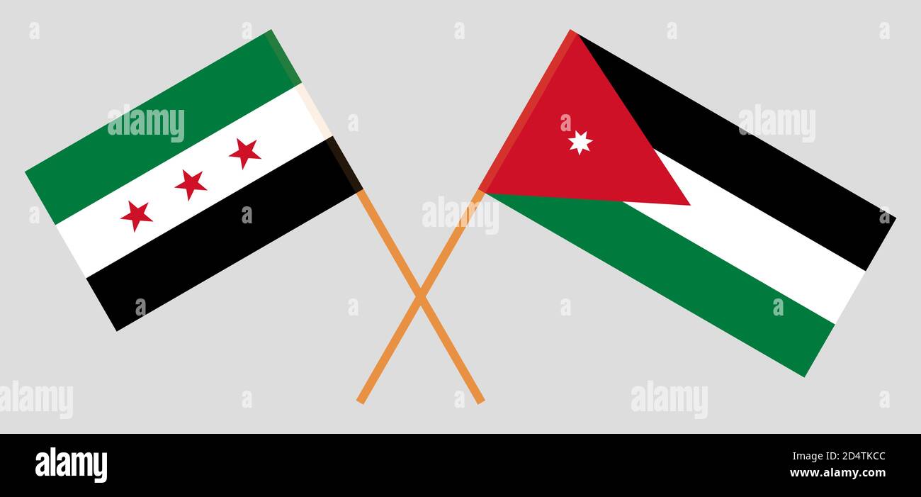 Gekreuzte Flaggen von Jordanien und Übergangsregierung von Syrien. Offizielle Farben. Korrektes Verhältnis. Vektorgrafik Stock Vektor