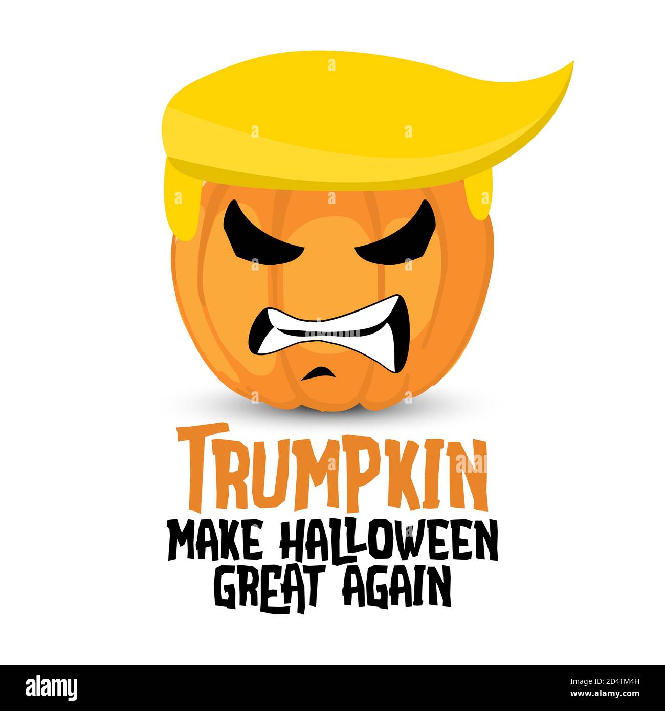 Trump macht Halloween wieder groß - lustige Vektor-Kürbis-Illustration mit Trump-Haaren und wütendes Gesicht. Handgezeichneter Schriftzug Zitat für 2020 Halloween und Stock Vektor
