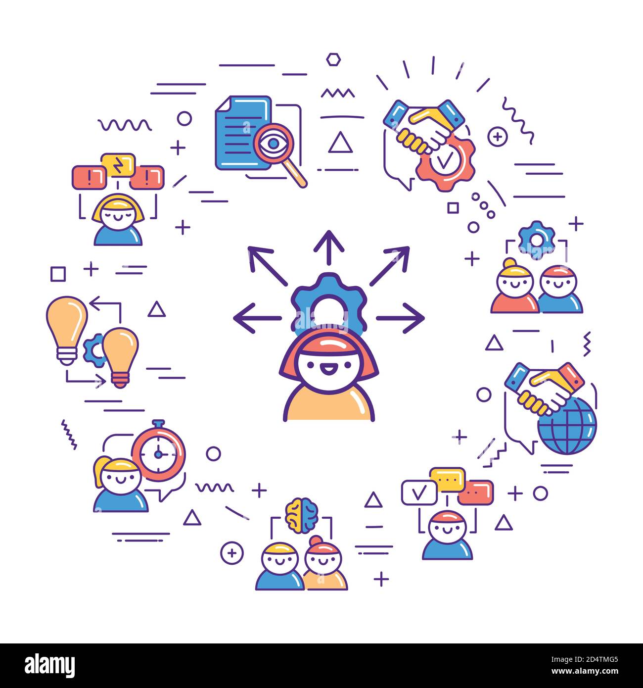 Webbanner für Soft Skills. Infografiken mit linearen Symbolen auf weißem Hintergrund. Kreative Idee Konzept. Isolierte Farbdarstellung der Kontur. Stock Vektor