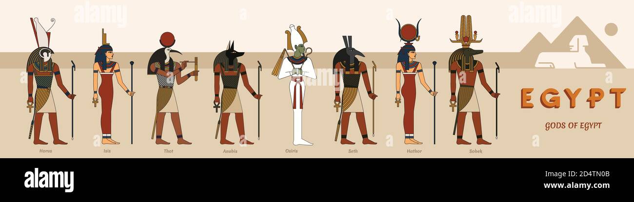 Eine große Sammlung altägyptischer Götter aus acht Vektoren Illustrationen vor der Kulisse der ägyptischen Pyramiden und der Statue der Sphinx Stock Vektor