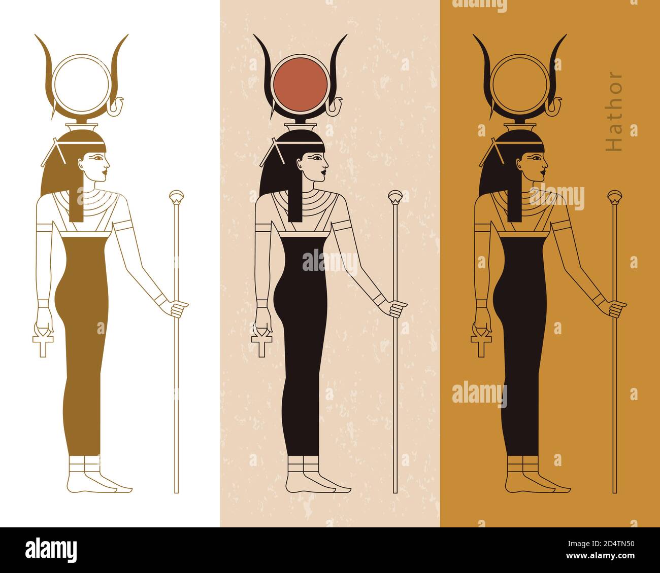 Eine Sammlung von Vektorgrafiken der altägyptischen Göttin Hathor aus dem Ankh. Stock Vektor