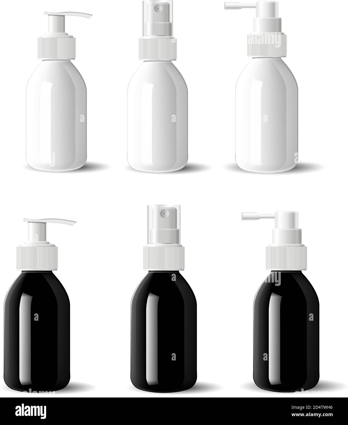 Medizinische Flaschen mit Sprühkappen für Spender. Aerosolbehälter in glänzendem Schwarz-Weiß-Glas, Pumpenspender für flüssige Feuchtigkeitscreme-Kosmetik. 3s REA Stock Vektor