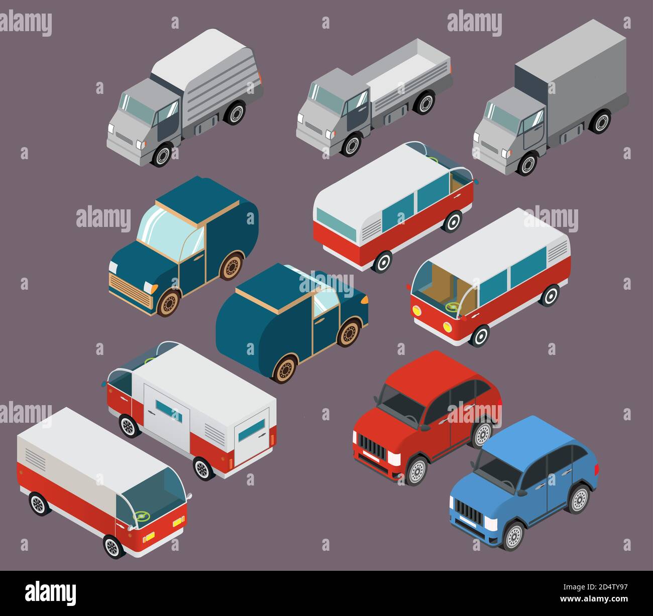Satz von isometrischen Autos. LKW, Transporter, SUV. Ein Retro der Familie Minivan für Roadtrips und Reisen. Stock Vektor