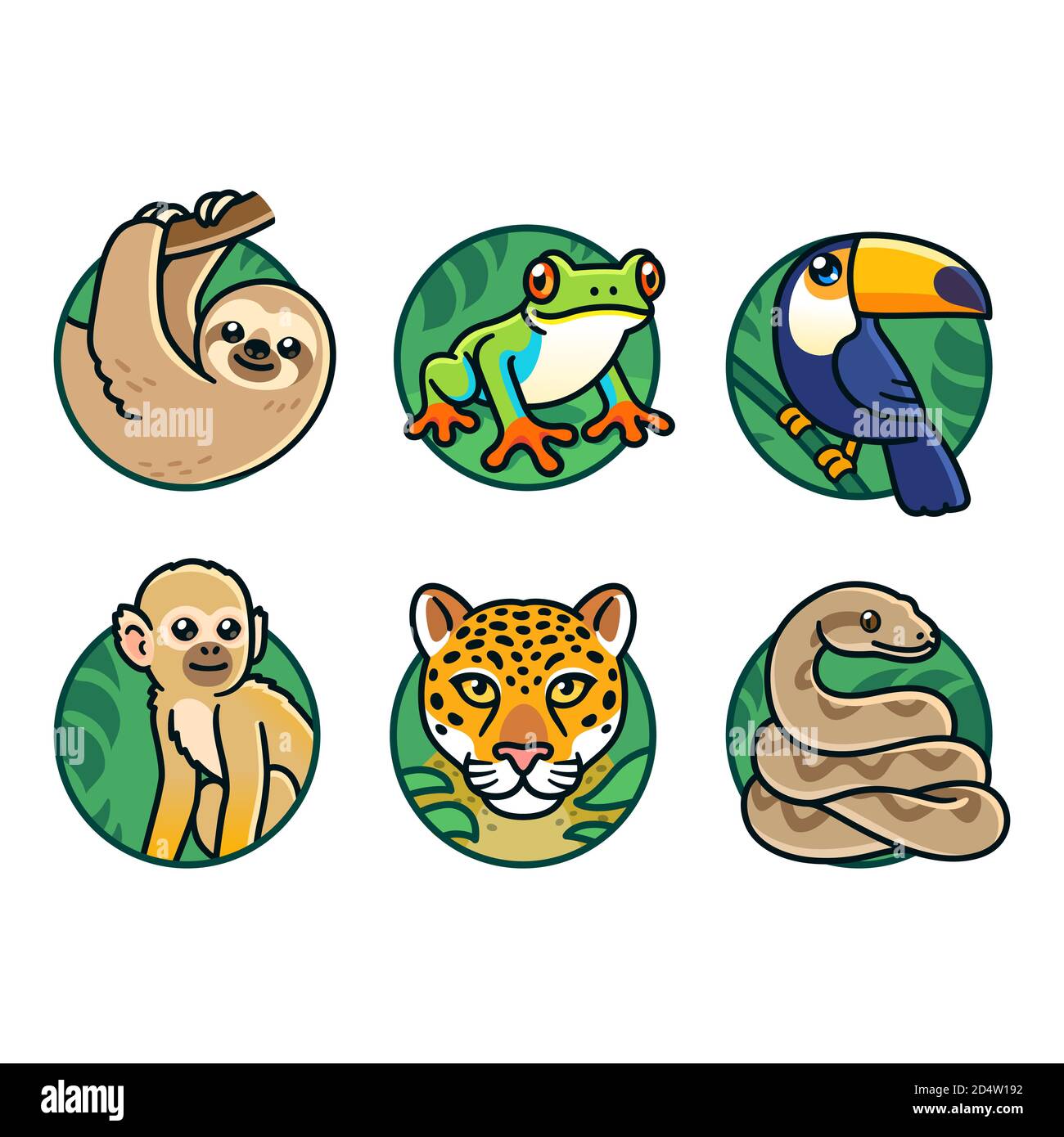 Niedliche Cartoon Regenwald Tiere Set. Faultier, Baumfrosch, toco Tukan, Spinnenaffe, jaguar und Boa Constrictor. Dschungel Wildtiere Vektor Illustrationen. Stock Vektor