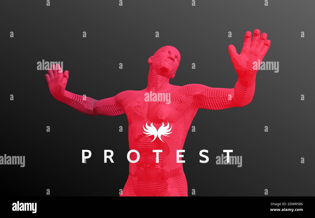 Protestor. Vector Mann mit der Hand bis zum Anschlag. Mensch zeigt Stop-Geste. 3D-Modell des Menschen. Vektorgrafik. Stock Vektor