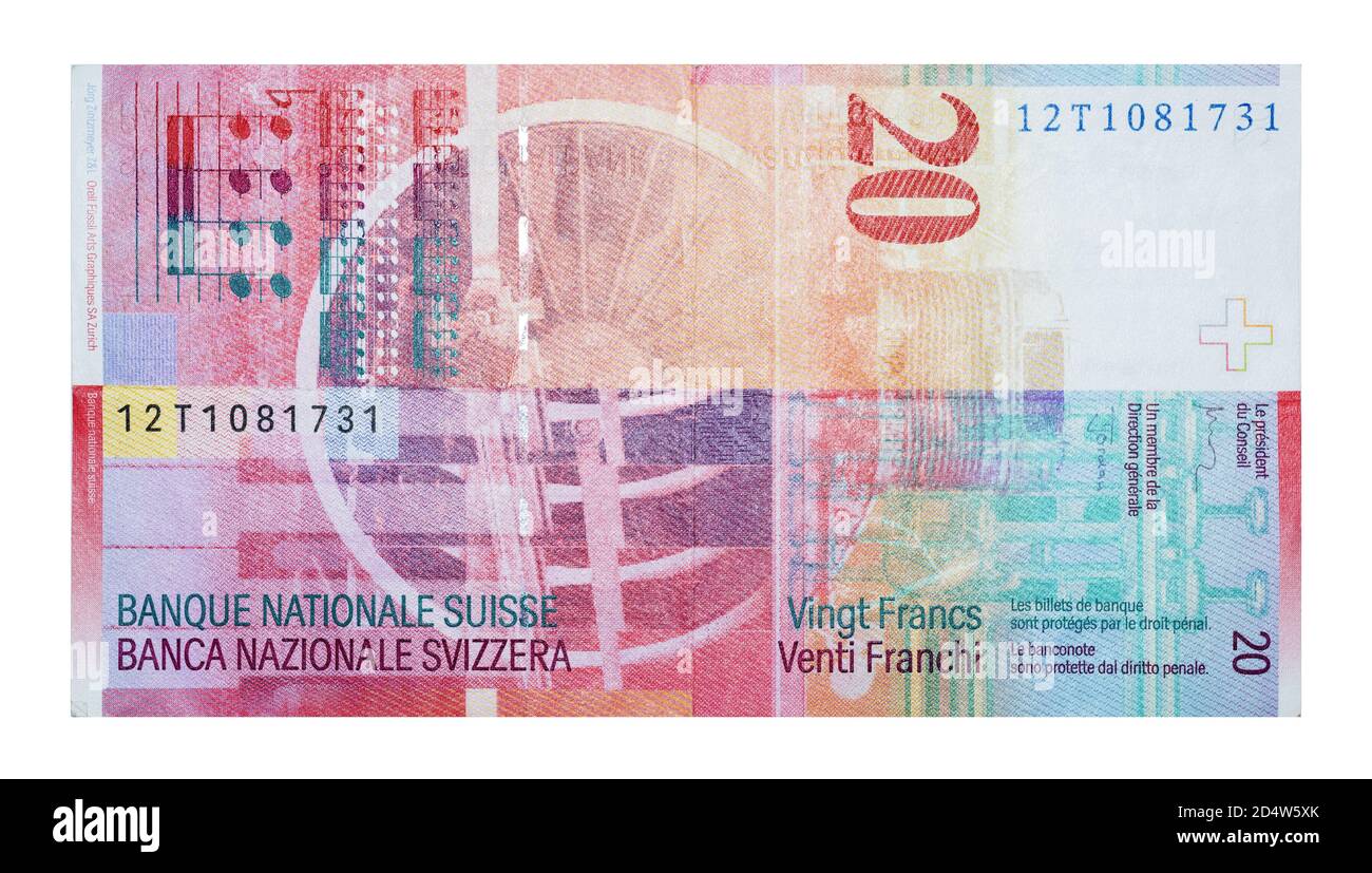 Rückseite von 20 Schweizer Franken Stockfoto