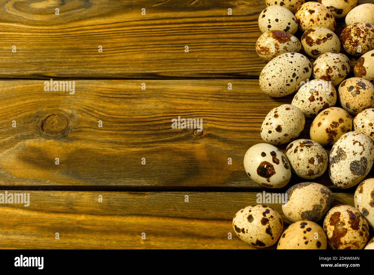 Gruppe Wachteleier. Auf einem braunen Holztisch aus alten Grunge-Brettern. Nahaufnahme, Platz für Text. Stockfoto