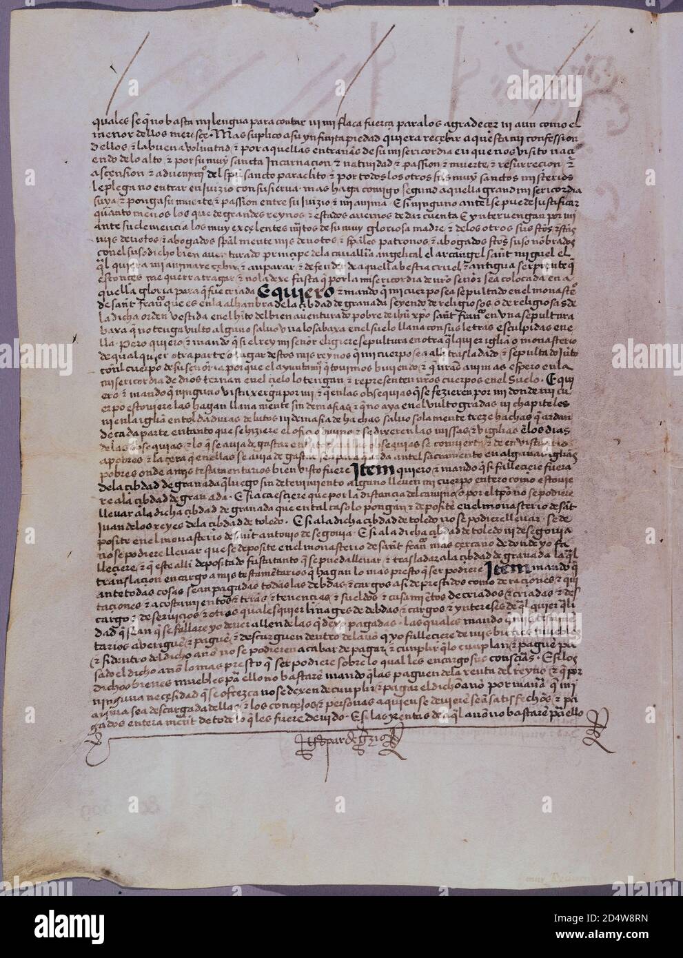 SEITE 1V DEL TESTAMENTO DE ISABEL LA CATOLICA HECHO EN LA VILLA DE MEDINA DEL CAMPO A 12 DE OCTUBRE DE 1504. Ort: ARCHIVO-COLECCION. Simancas. Valladolid SPANIEN. Stockfoto