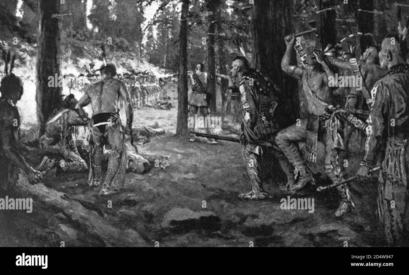 Darstellung des Cherokee-Angriffs auf das sich zurückziehende Fort Loudoun Stockfoto