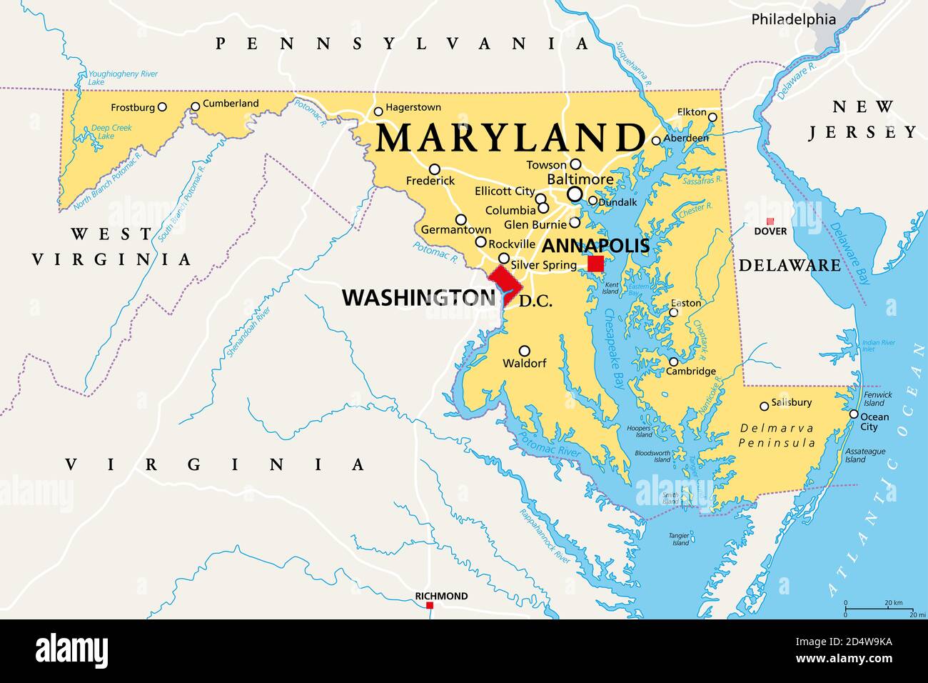 Maryland, MD, politische Karte. Staat in der Mid-Atlantic Region der Vereinigten Staaten von Amerika. Hauptstadt Annapolis. Alter Linienzustand. Freier Status. Stockfoto