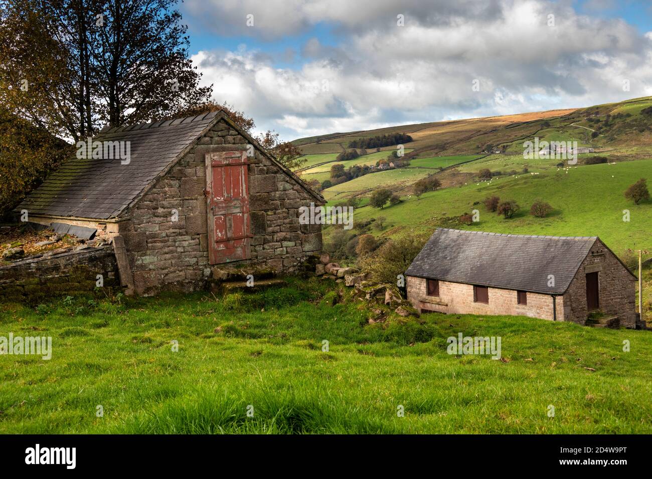 Großbritannien, England, Staffordshire, Moorlands, Flash, Gradbach, Spring Head Farm, Tür in Giebel Ende der kleinen Scheune Stockfoto