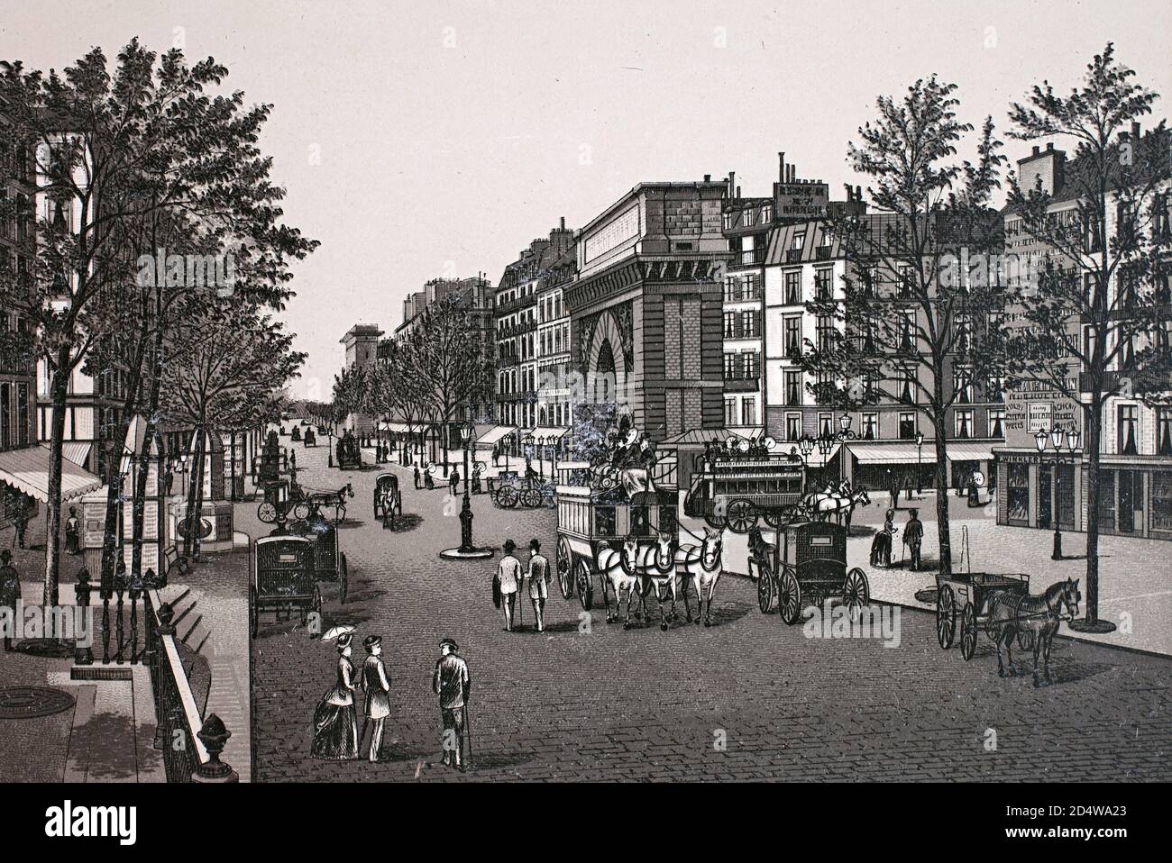 Paris, La Porte St. Martin, le Boulevard et La Porte St. Denis, Frankreich, historische Kupferplattenradierung von 1860 Stockfoto