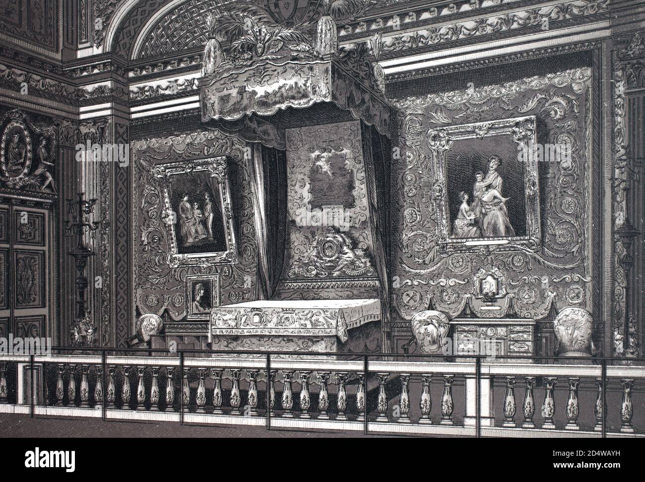 Versailles, Chambre er lit de Louis 14, königliches Schlafzimmer von Ludwig dem 14., Frankreich, historische Kupferstich von 1860 Stockfoto