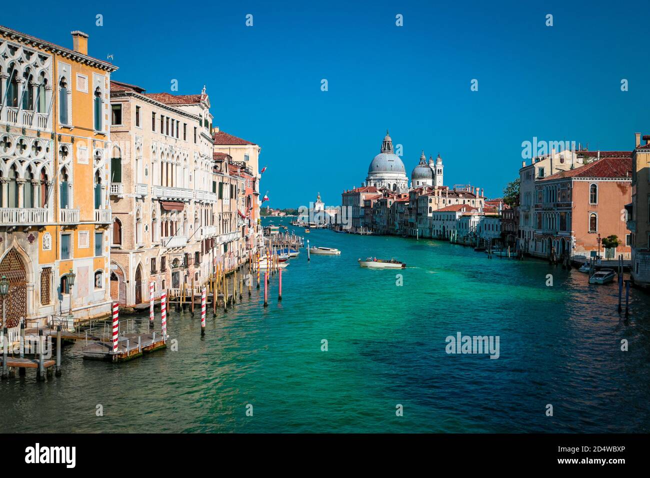 Blick über den Canale Grande mit der Basilika Santa Maria della Salute von der Brücke Ponte dell' Academia in Venedig, Italien. Stockfoto