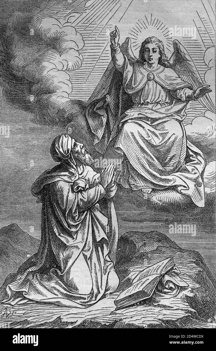 Der Prophet Ilaias erhält die göttlichen Offenbarungen, historische Stahlgravur aus dem Jahr 1860 Stockfoto