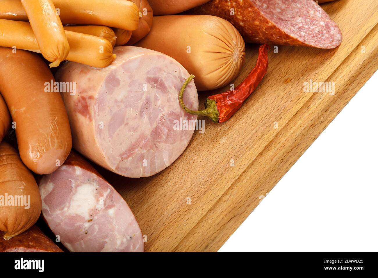 Wurstwaren isoliert auf weißem Hintergrund. Stockfoto