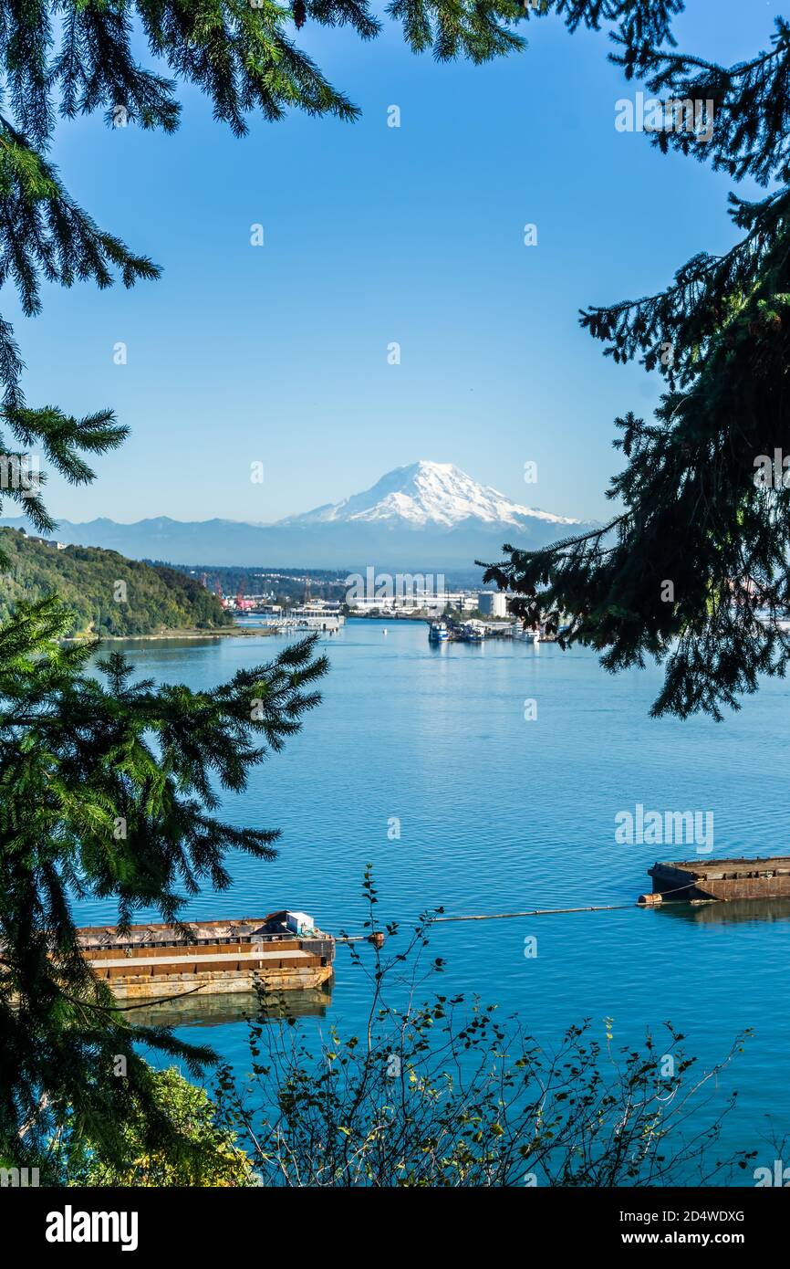 Eine Illustration des Hafens von Tacoma und des Mount Rainier. Stockfoto