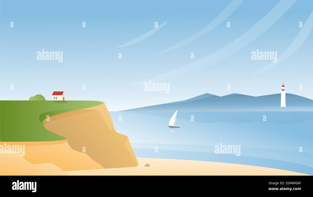 Felsküste Vektor-Illustration. Cartoon flache Panorama-Küste mit ruhiger Natur Strand, kleines Haus auf Felsen, Segelschiff in Bucht Wasser, Leuchtturm am Horizont natürlichen Hintergrund Stock Vektor