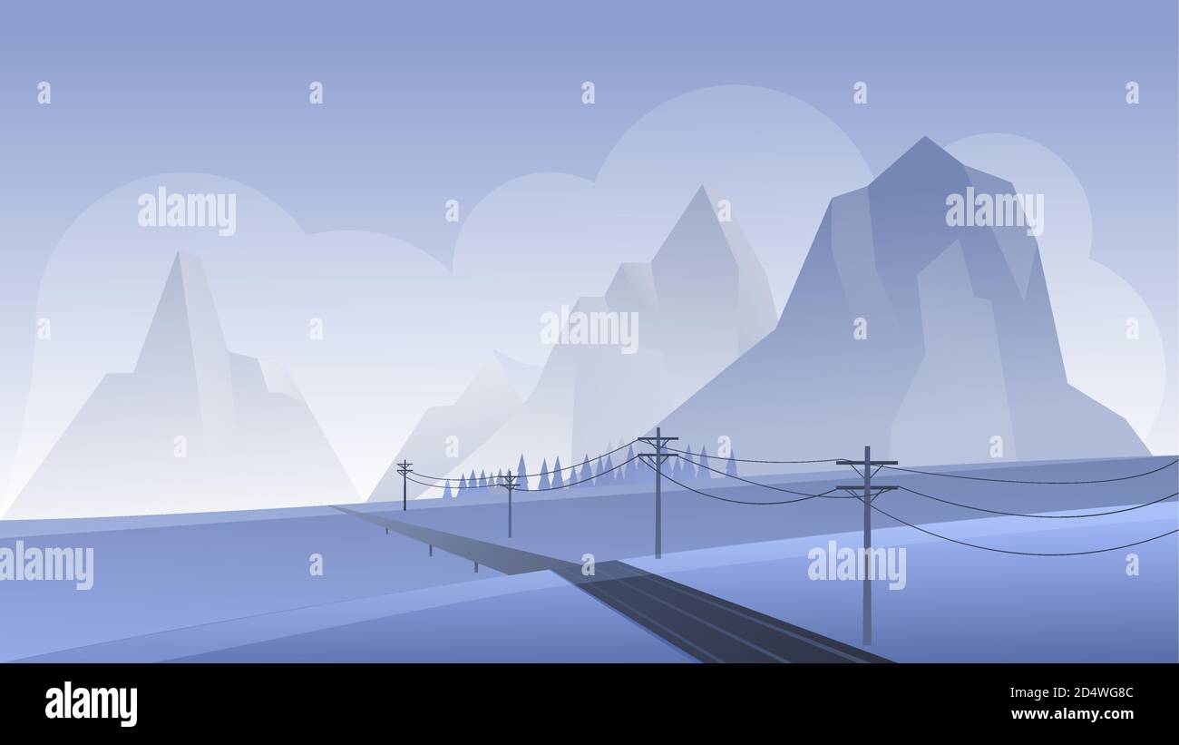 Mountain Night Landscape Vektorgrafik. Cartoon Wohnung Nacht Panorama-Perspektive bergige Landschaft mit leeren Asphaltstraße, die zu felsigen Bergen, neblige Natur szenischen Hintergrund Stock Vektor