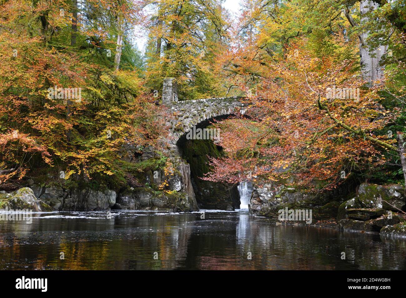Dunkeld, Schottland, Großbritannien. Oktober 2020. Gebrochene Wolken ließen kurze Sonnenstrahlen die Herbstbaumfarben am Hermitage Wasserfall am Fluss Brann bei Dunkeld erleuchten. Stockfoto