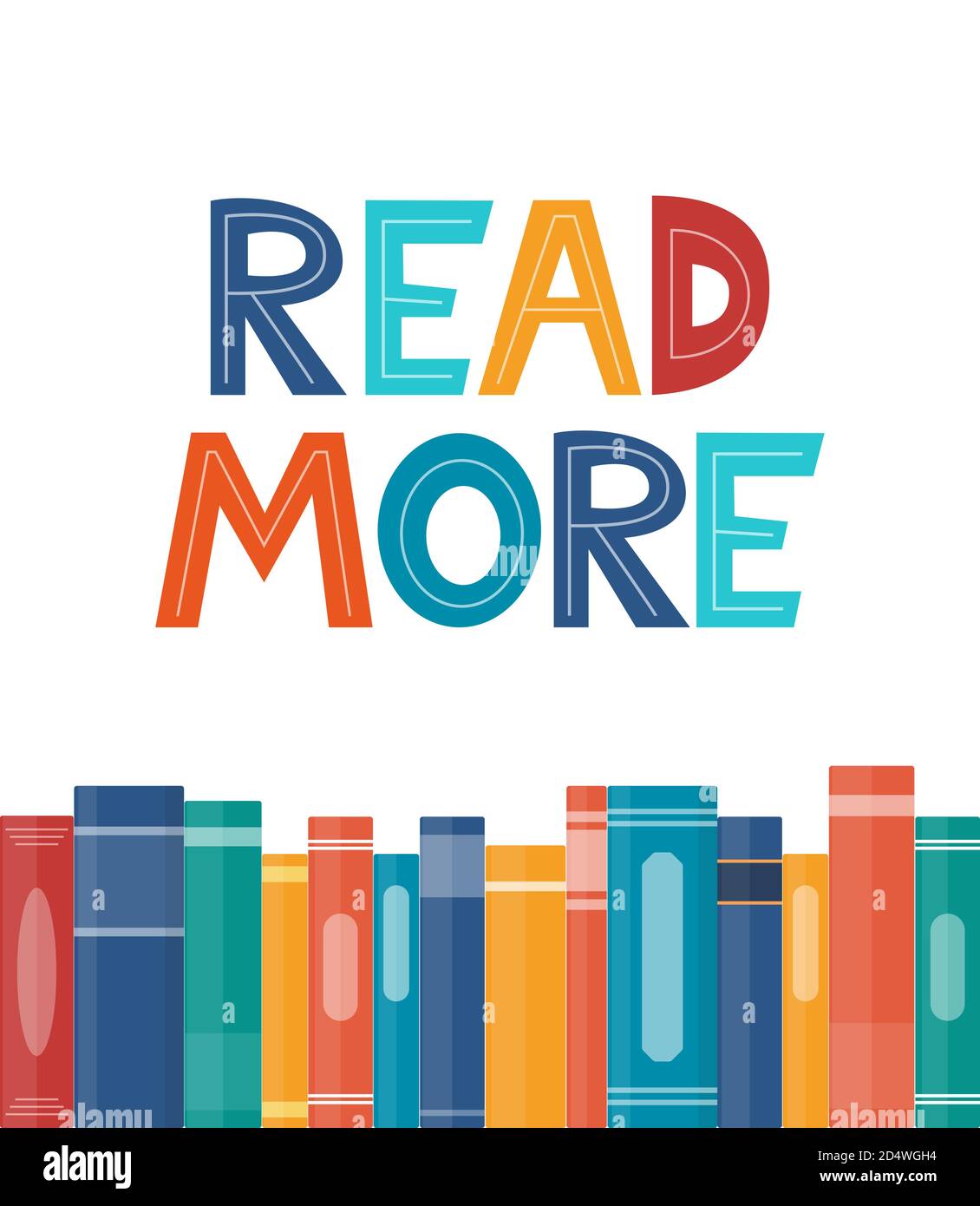 Weitere Informationen. Inspirierendes Motivationszitat. Niedliche Schriftzüge, Lesemem und Regal mit Büchern. Phrase für Poster, Banner, Print, Kinderzimmer Stock Vektor