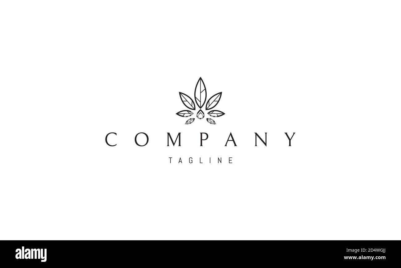 Vektor-Logo, auf dem ein abstraktes Bild von Cannabis mit einem Tropfen Öl von unten Blätter. Stock Vektor