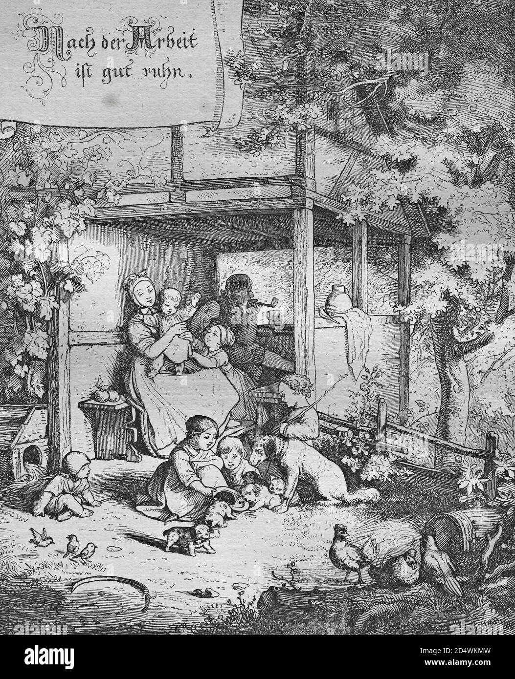 Christlicher Haussegen, historischer Stahlstich aus einer bibel 1860 Stockfoto