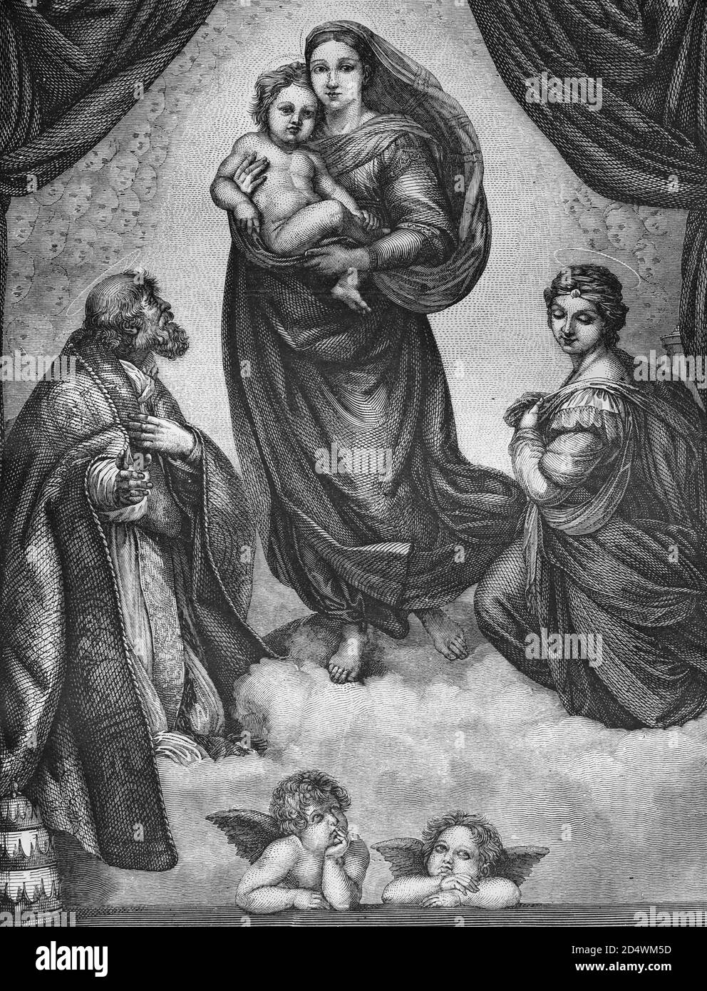 Selige Gottesmutter, historischer Stahlstich nach Raphael von 1860, historischer Stahlstich aus einer bibel 1860 Stockfoto