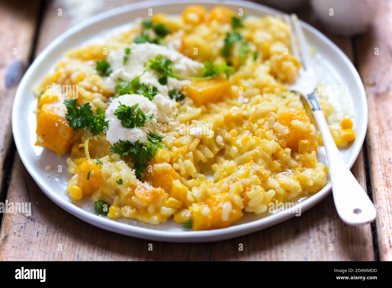 Kürbis- und Maisrisotto mit Ricotta, Parmesan und Petersilie Stockfoto