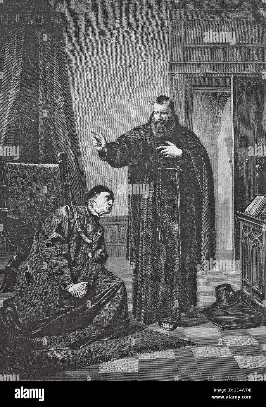 König Ludwig XI. Bittet den heiligen Franz von Pauly, dass er zu Gott betet, um sein Leben zu verlängern, historischer Stahlstich aus einer bibel 1860 Stockfoto