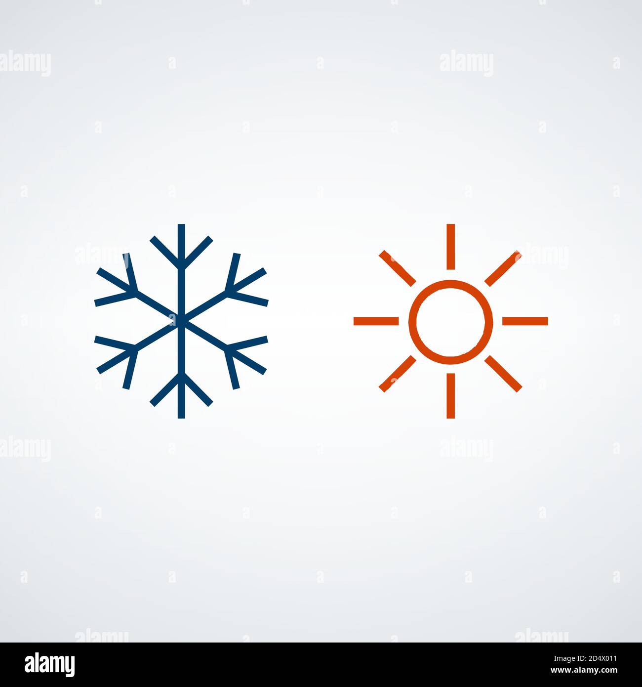 Heiß und kalt Symbol, Sonne und Schneeflocke Symbole. Wetter- oder Temperaturkonzept. Vektordarstellung auf weißem Hintergrund isoliert. Stock Vektor