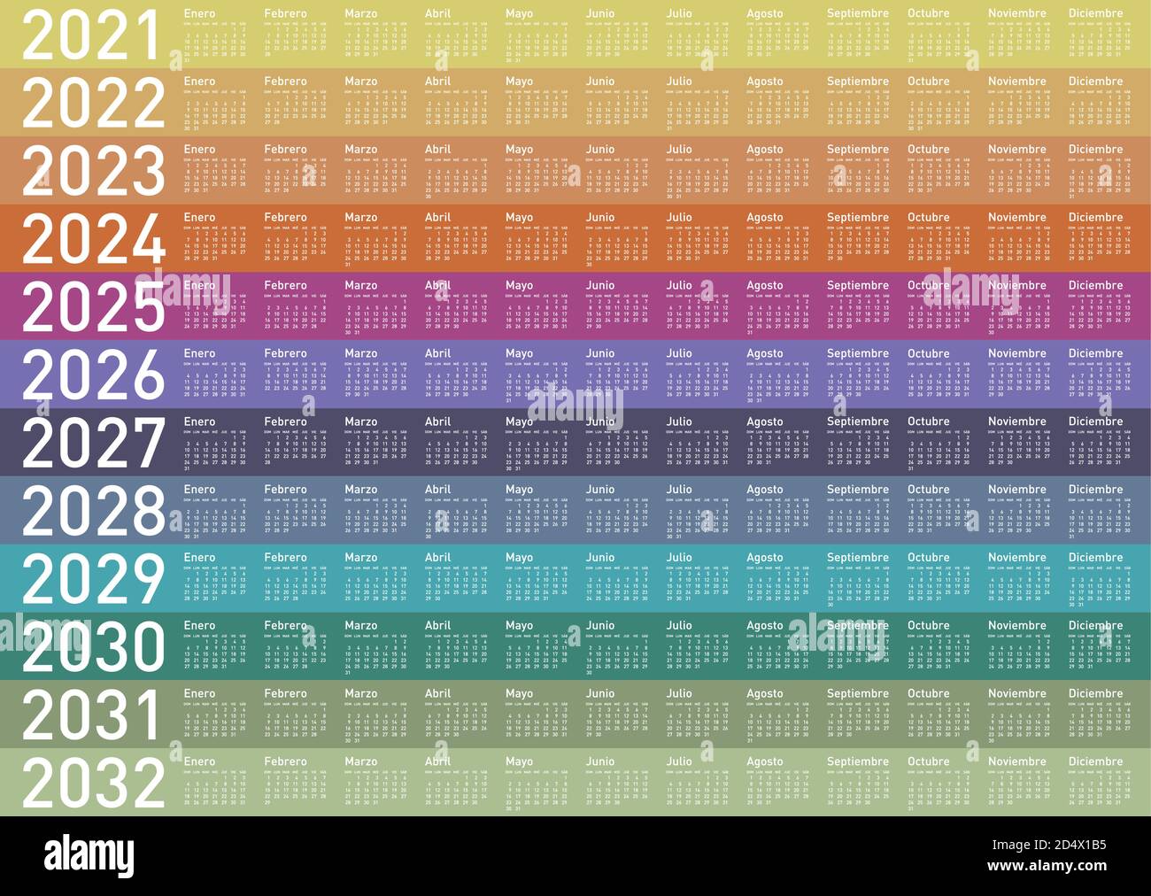 Farbenfroher Kalender für die Jahre 2021, 2022, 2023, 2024, 2025, 2026, 2027, 2028, 2029, 2030, 2031 und 2032, auf Spanisch. Vektorformat. Stock Vektor