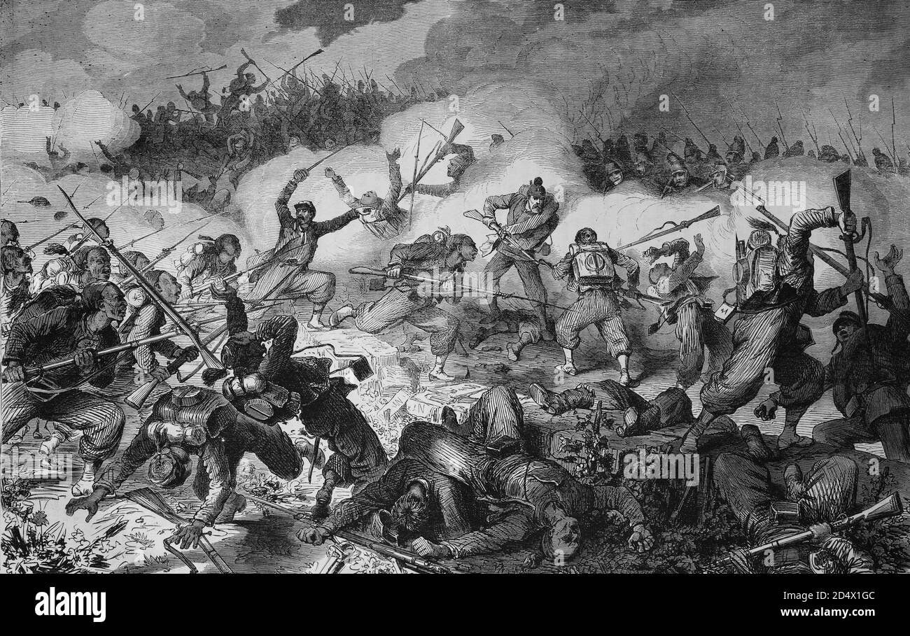Schlacht der 10. Bayrischen Jaeger-Batallionen in den Weinbergen bei Weissencastle, illustrierte Kriegsgeschichte, deutsch-französischer Krieg 1870-1871 Stockfoto