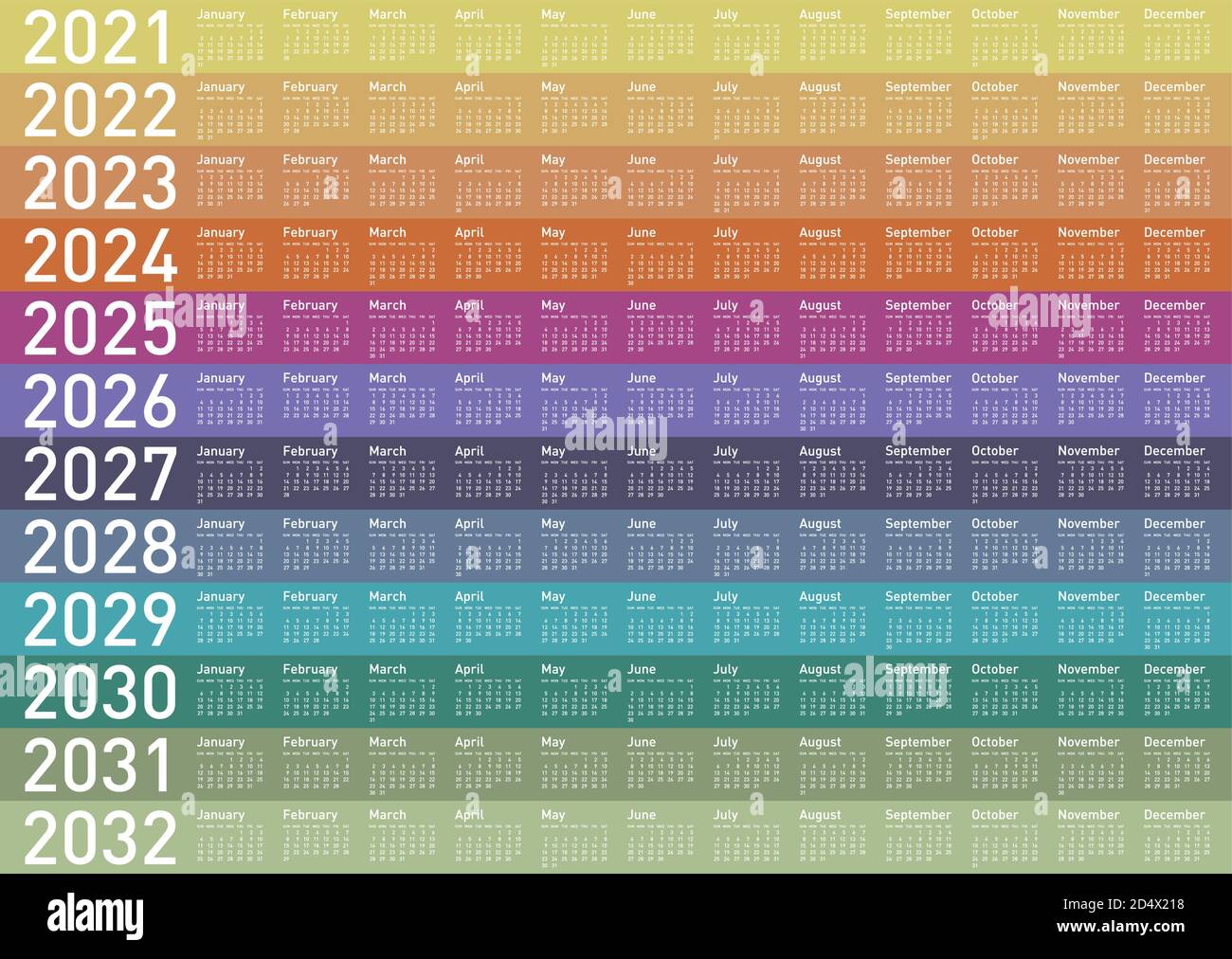 Farbenfroher Kalender für die Jahre 2021, 2022, 2023, 2024, 2025, 2026, 2027, 2028, 2029, 2030, 2031 und 2032. Vektorformat. Stock Vektor