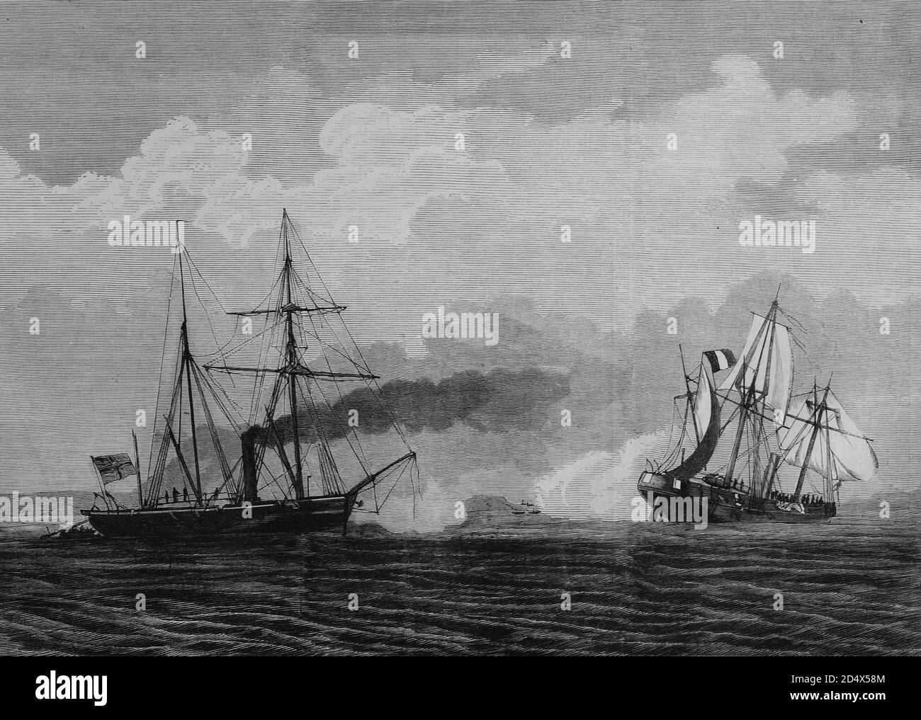 Schlacht von Havanna zwischen dem deutschen Kanonenboot Meteor und dem französischen Aviso Bouvet, illustrierte Kriegsgeschichte, deutsch-französischer Krieg 1870-1871 Stockfoto