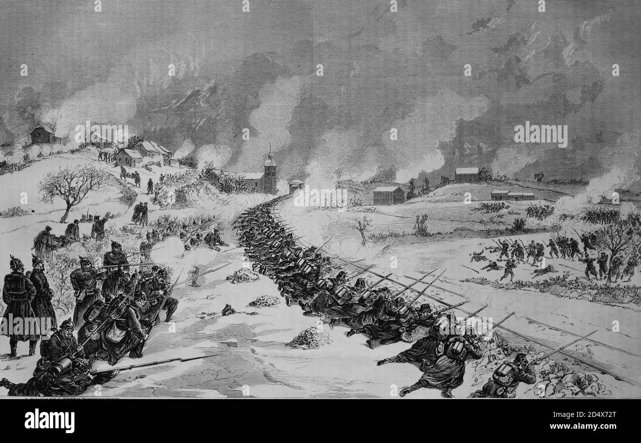 Schlacht am Bahndamm bei Bethoncourt, 16. Januar 1871, illustrierte Kriegsgeschichte, Deutsch-Französischer Krieg 1870-1871 Stockfoto
