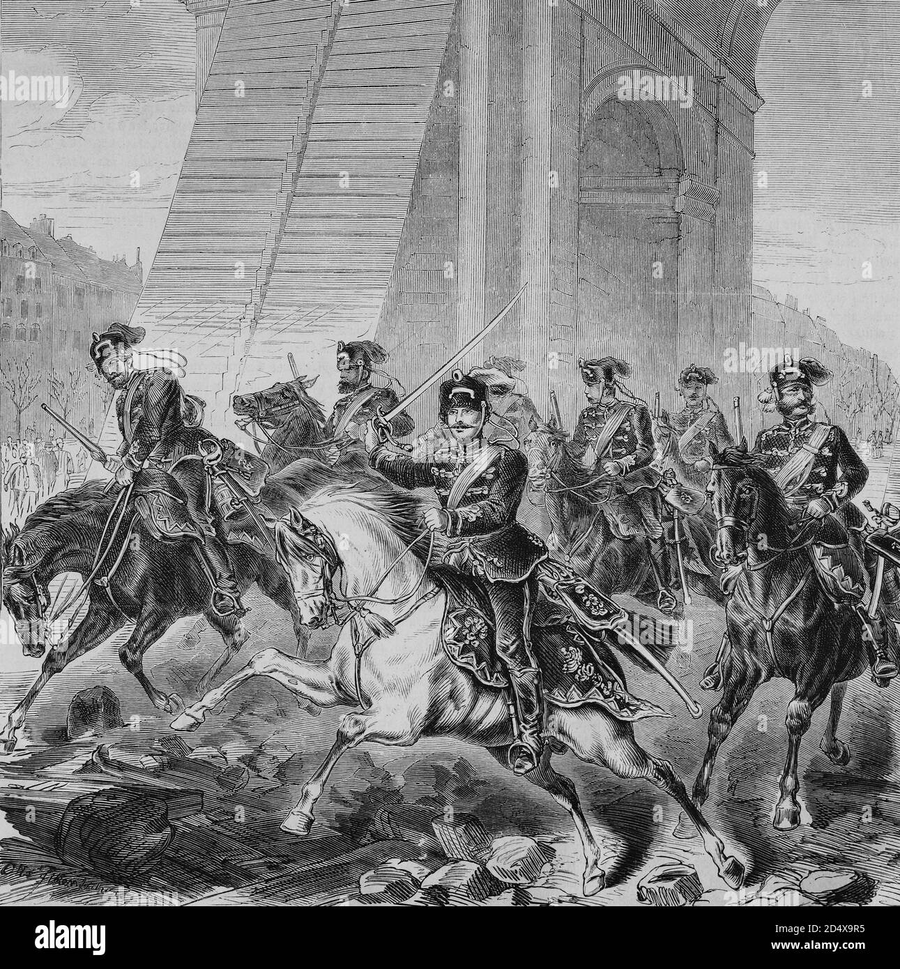 Die ersten deutschen Soldaten in Paris am Morgen des 1. März 1871, illustrierte Kriegsgeschichte, Deutsch - Französisch Krieg 1870-1871 Stockfoto