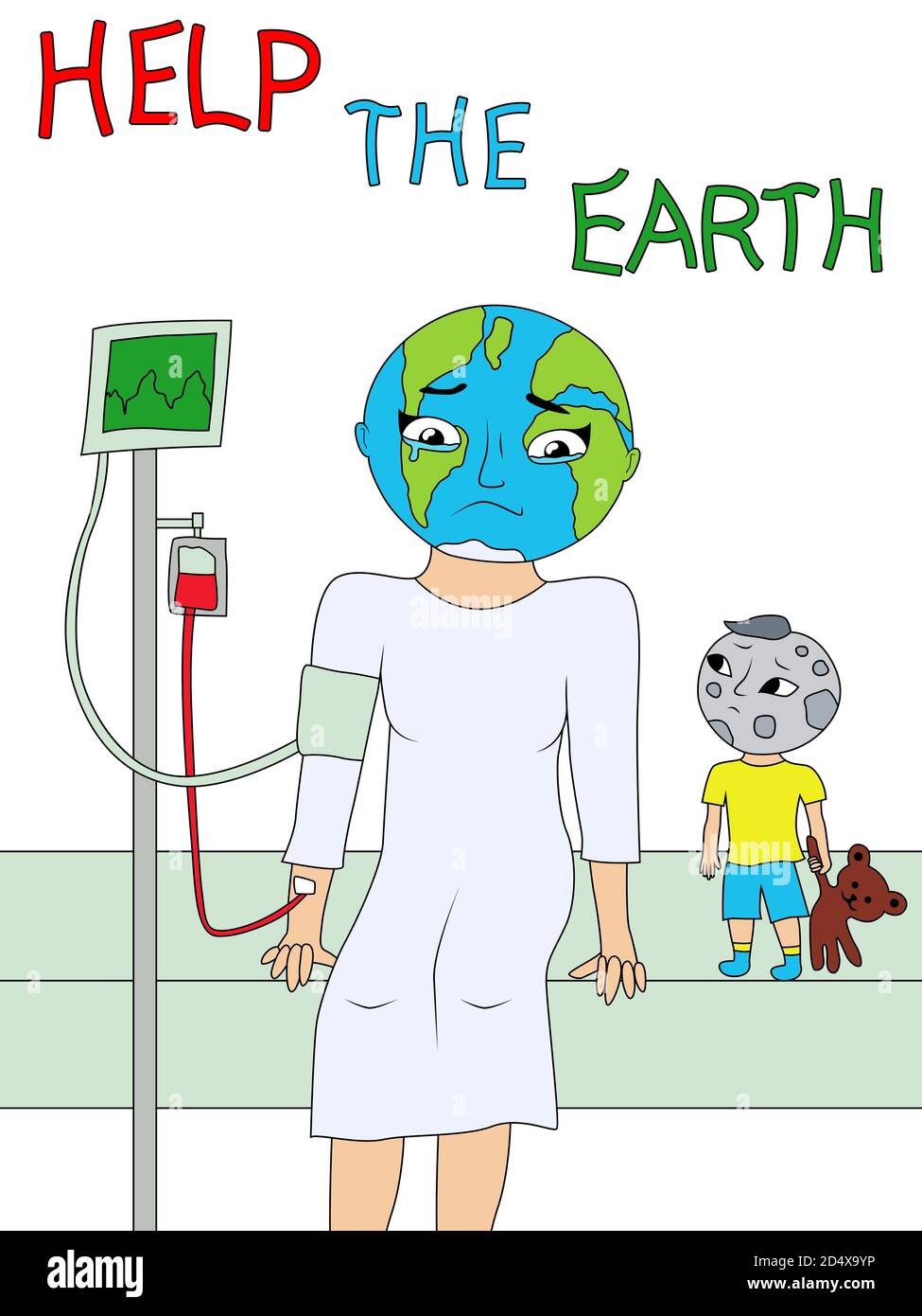 Konzeptuelle Vision der Umweltprobleme des Kindes des Planeten, sympathisiert der Junge-Mond mit der kranken Mutter-Erde, Vektor als Kind dra gemacht Stock Vektor