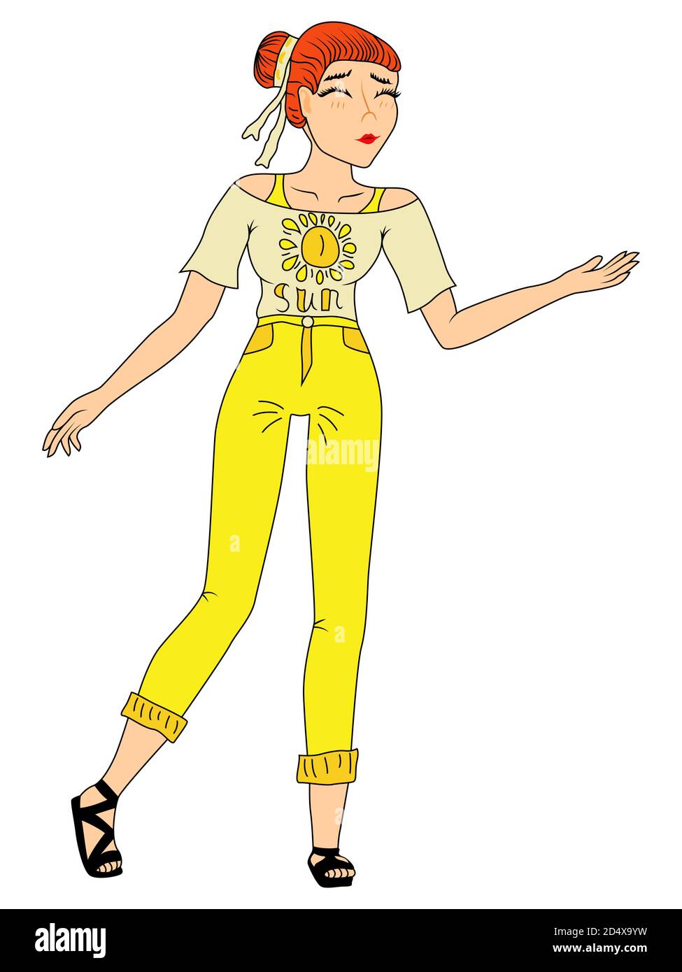 Happy Cartoon Mädchen mit geschlossenen Augen und in Kleidung in gelben Farbtönen, Vektor als Kinderzeichnung gemacht Stock Vektor