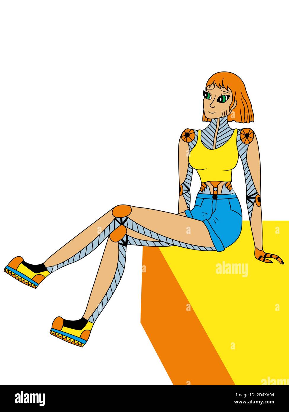 Fantastische Cartoon Roboter Mädchen in Sommerkleidung in gelb und blau, Vektor als Kinderzeichnung gemacht Stock Vektor