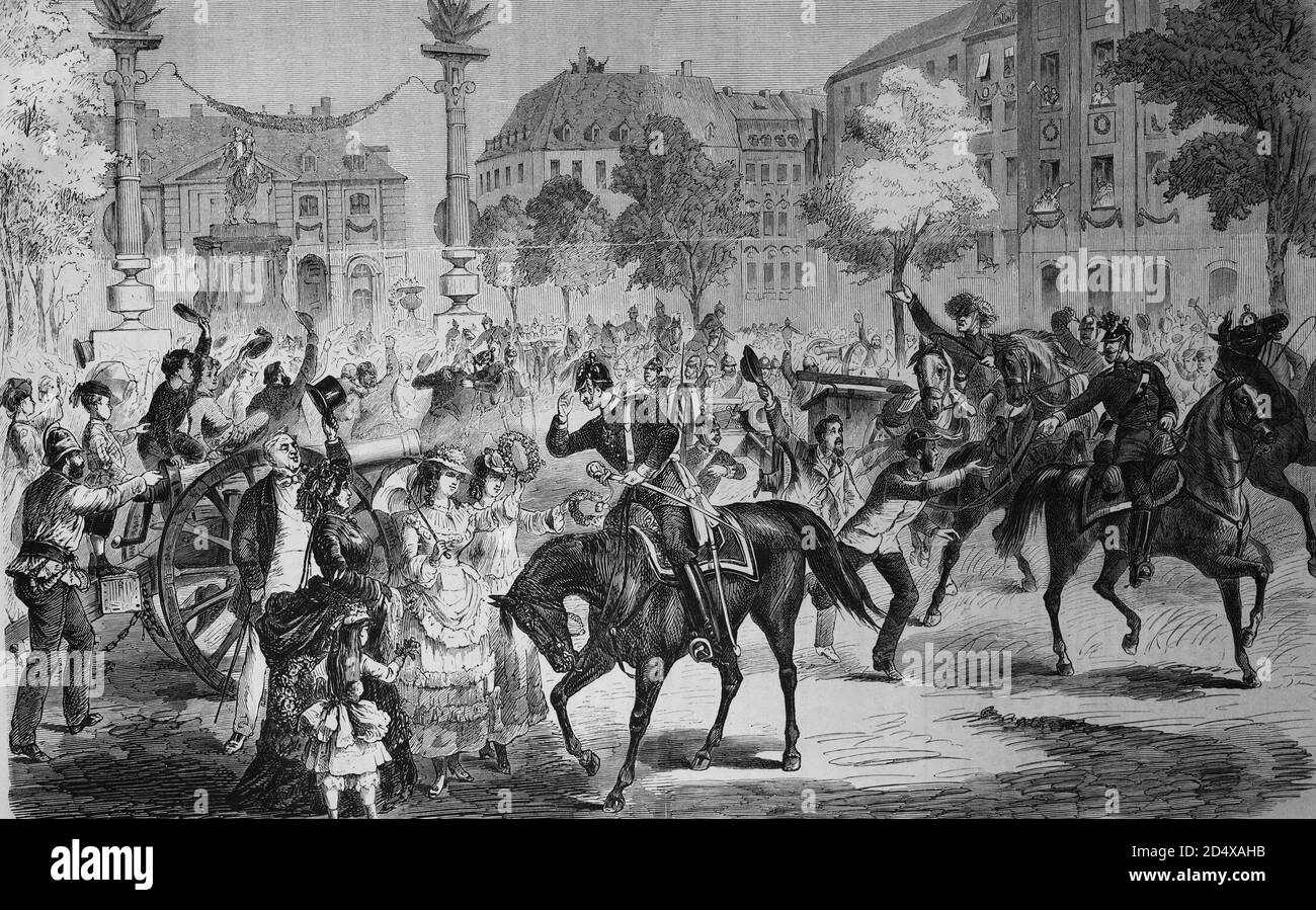 Feier der Ankunft der Truppen in Dresden am 11. Juli 1871, Begrüßung der Artillerie in Neustadt, illustrierte Kriegsgeschichte, Deutsch - Französisch Krieg 1870-1871 Stockfoto