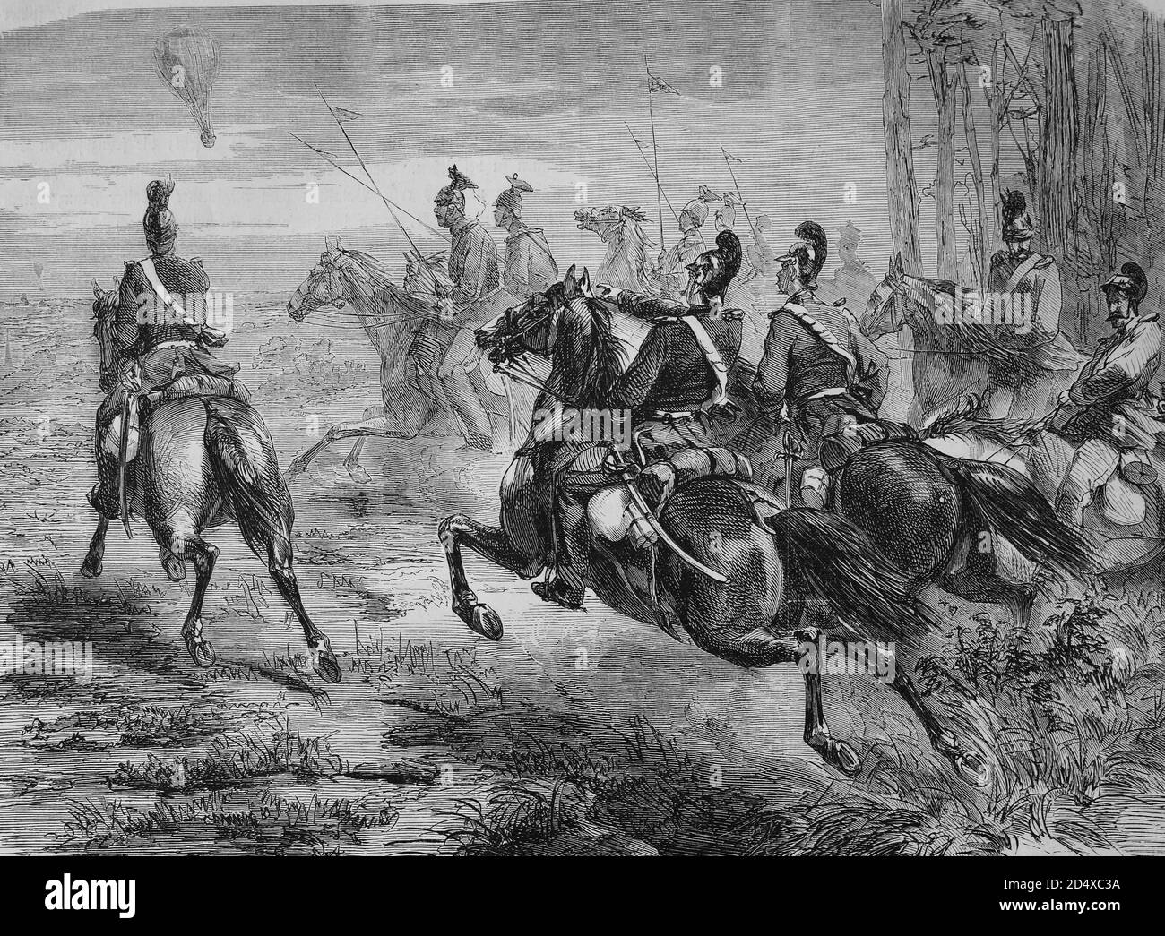 Verfolgung der französischen Ballonpost durch bayerische Soldaten, illustrierte Kriegsgeschichte, Deutsch - Französischer Krieg 1870-1871 Stockfoto