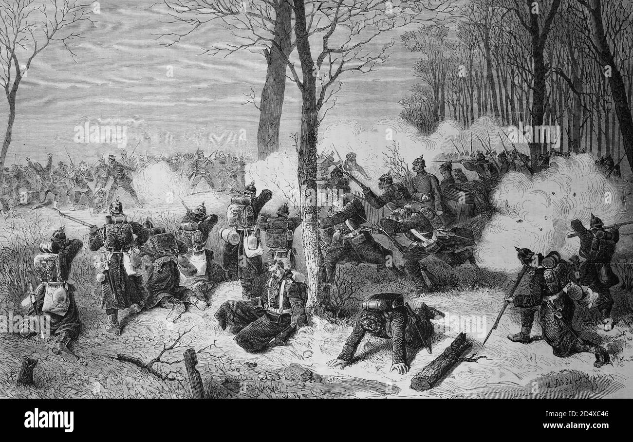 Verteidigung von Le Bourget gegen Anhängen von französischen Marines im Kampf am 21. Dezember 1870, illustrierte Kriegsgeschichte, Deutsch - Französischer Krieg 1870-1871 Stockfoto
