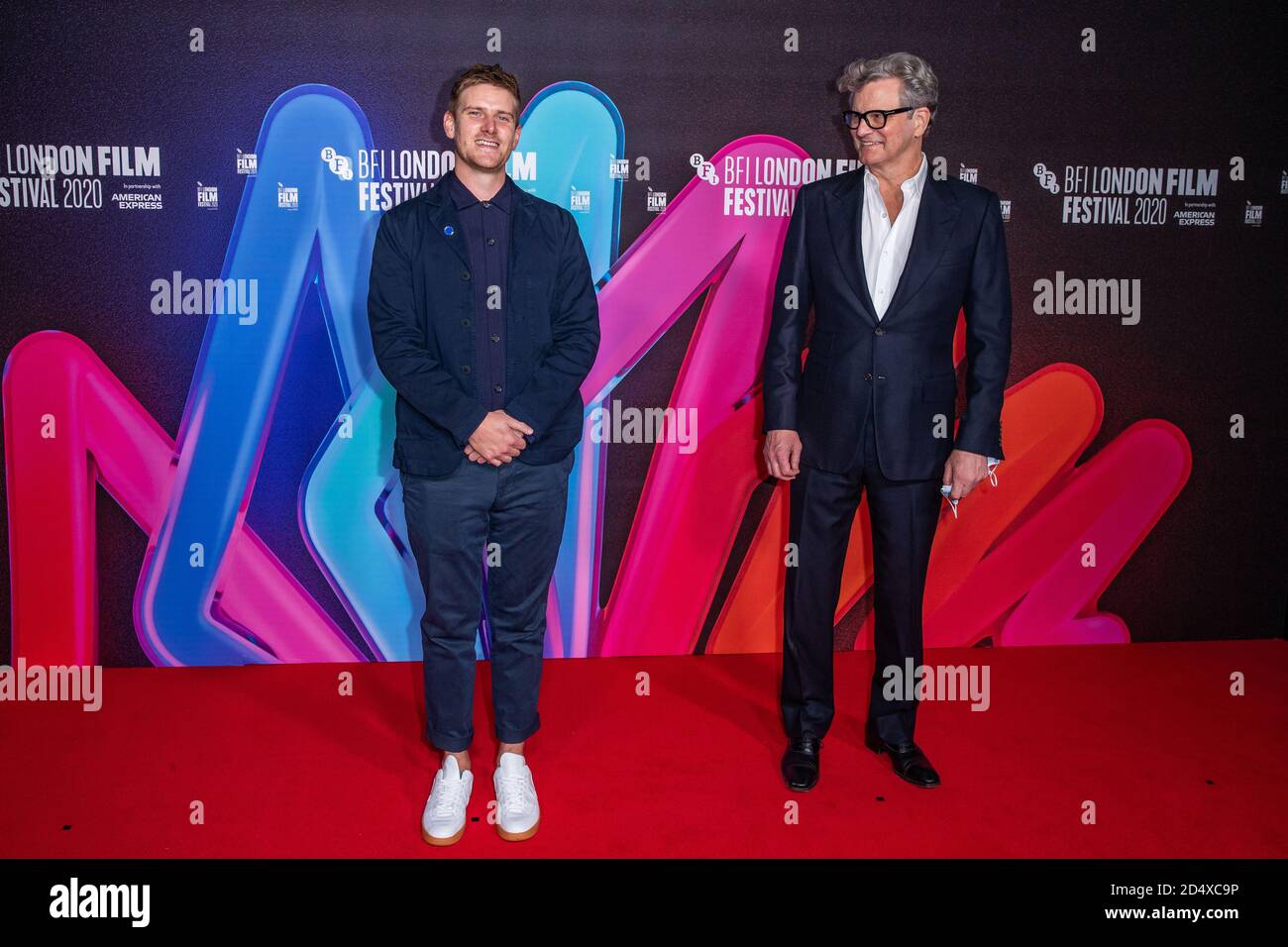 Regisseur Harry McQueen (links) und Schauspieler Colin Firth beim BFI London Film Festival, das ihren Film Supernova im BFI Southbank in London vorführt. Stockfoto