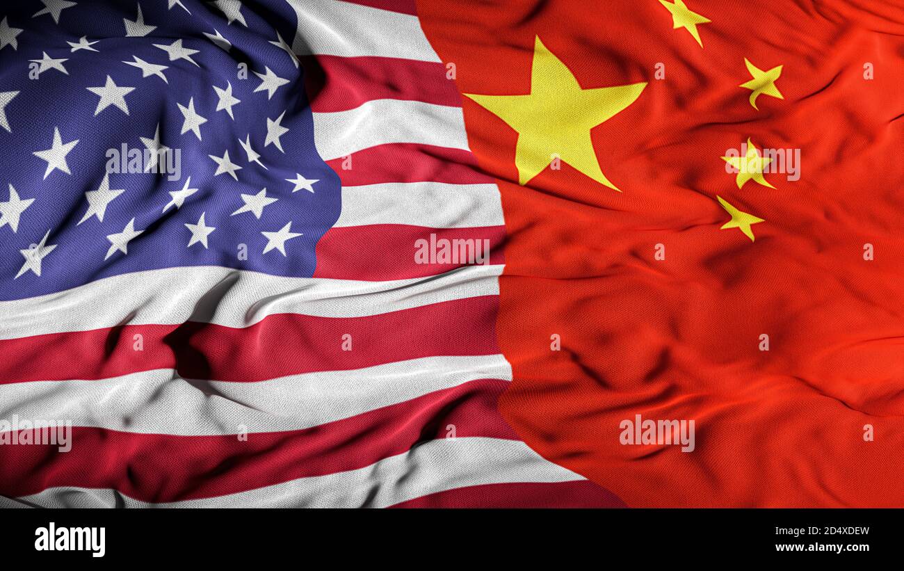 USA - China kombinierte Flagge - USA und China Beziehungskonzept - Amerikanisch - Chinesische Beziehung Titelhintergrund - Handel, Krieg, Partnerschaft Stockfoto