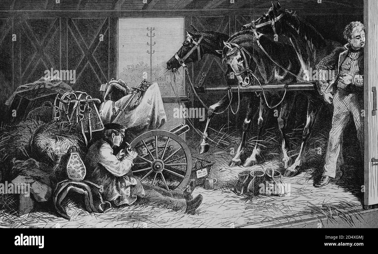 Kavallerie, die im Zug transportiert wird, Pferdestall eines Wachkorps-Offiziers, illustrierte Kriegsgeschichte, deutsch-französischer Krieg 1870-1871 Stockfoto