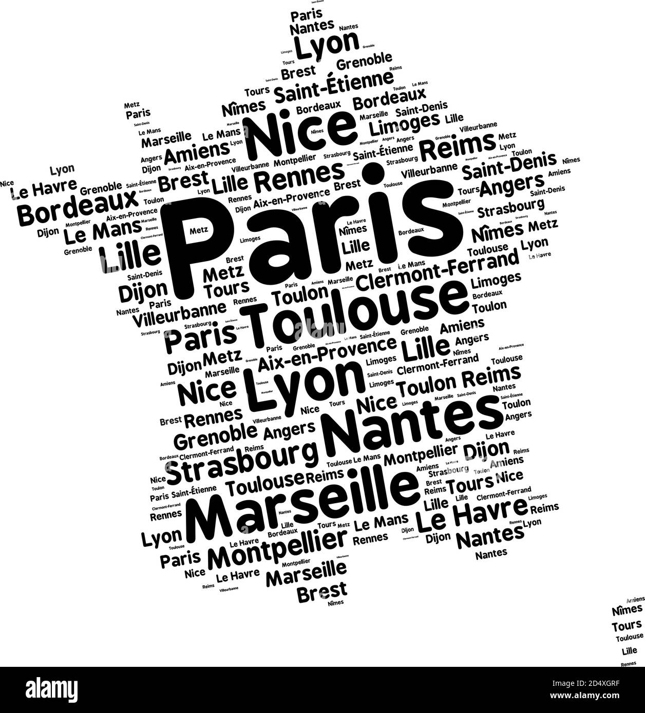 Wortwolke in Form von Frankreich enthält große französische Städte. Schwarzer Text auf weißem Hintergrund in positiver Steigung, Vektordarstellung Stock Vektor