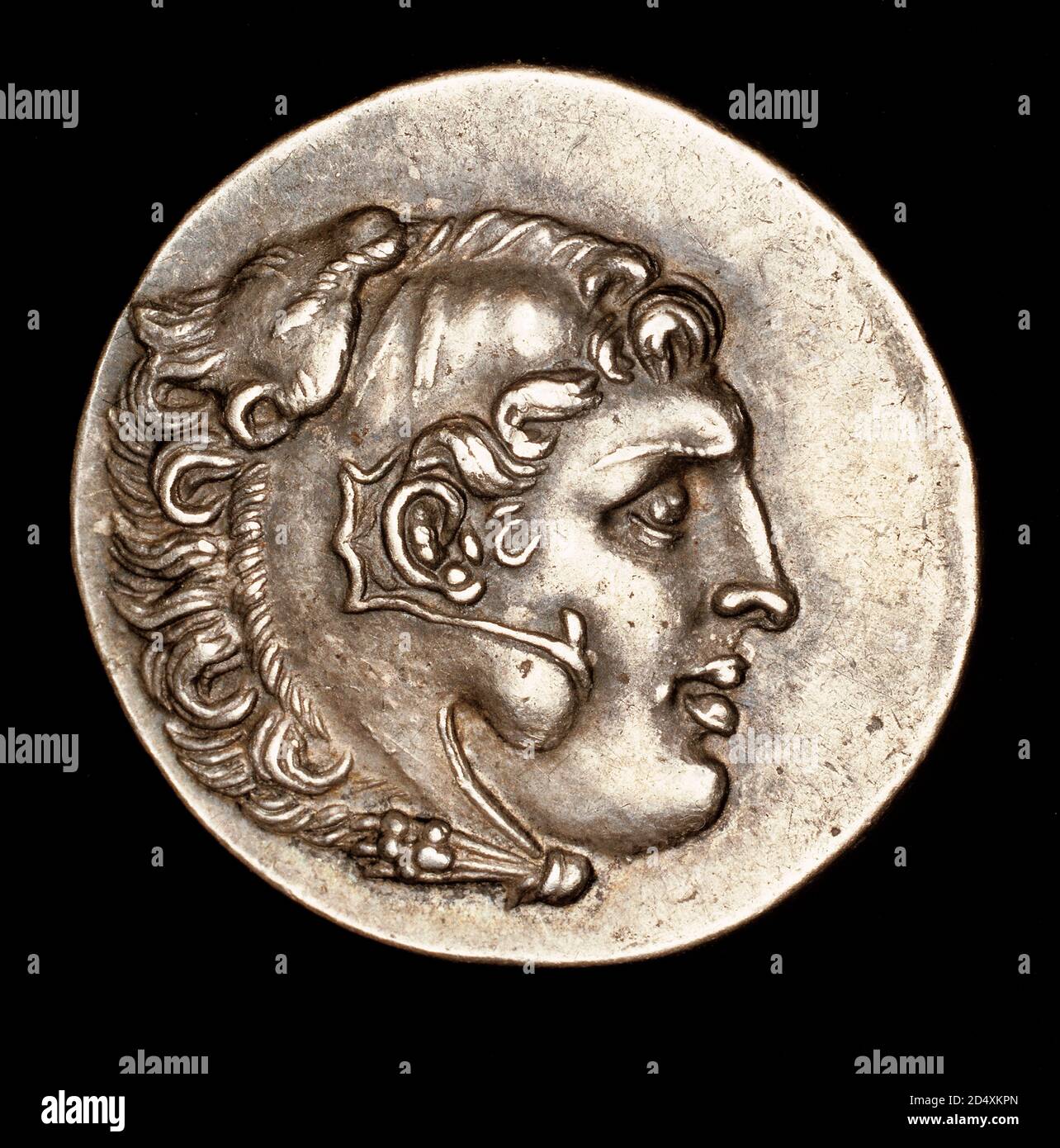 Seltene antike griechische Münze, Silberne Tetradrachme, Clozomenae (posthume Ausgabe) Alexander der große mit Nemean Lion Helm, 200 v. Chr. Stockfoto
